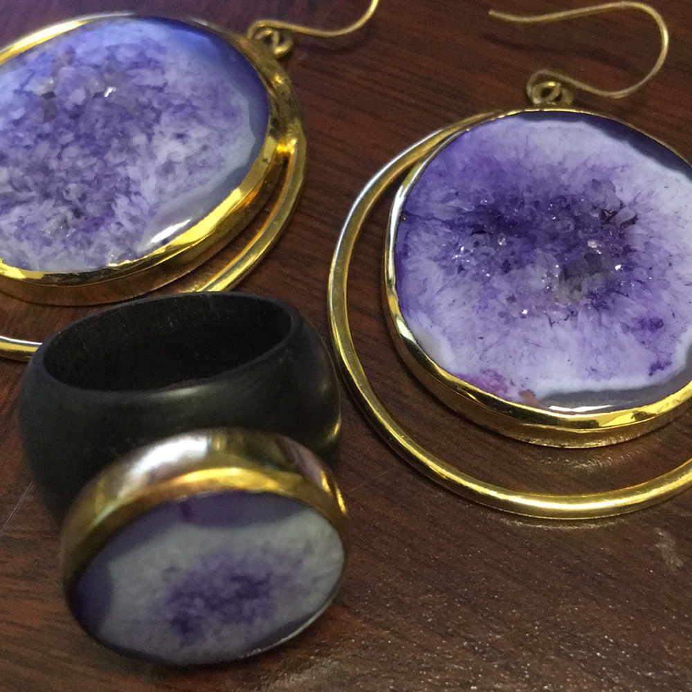 Isharya ebony purple crater druzy ring/earrings